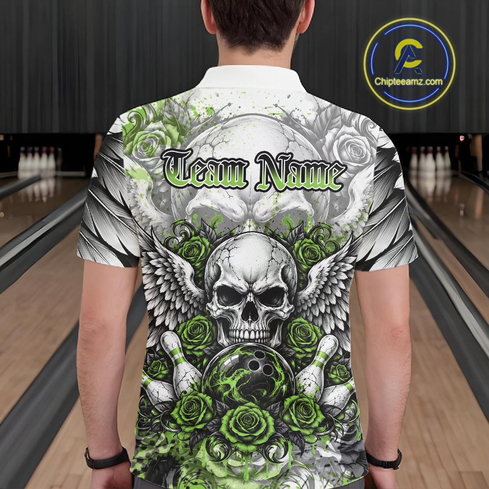 Green Roses And Skull With Wings Custom Bowling Men Polo Shirt, Halloween Bowler Outfit IPHW12154