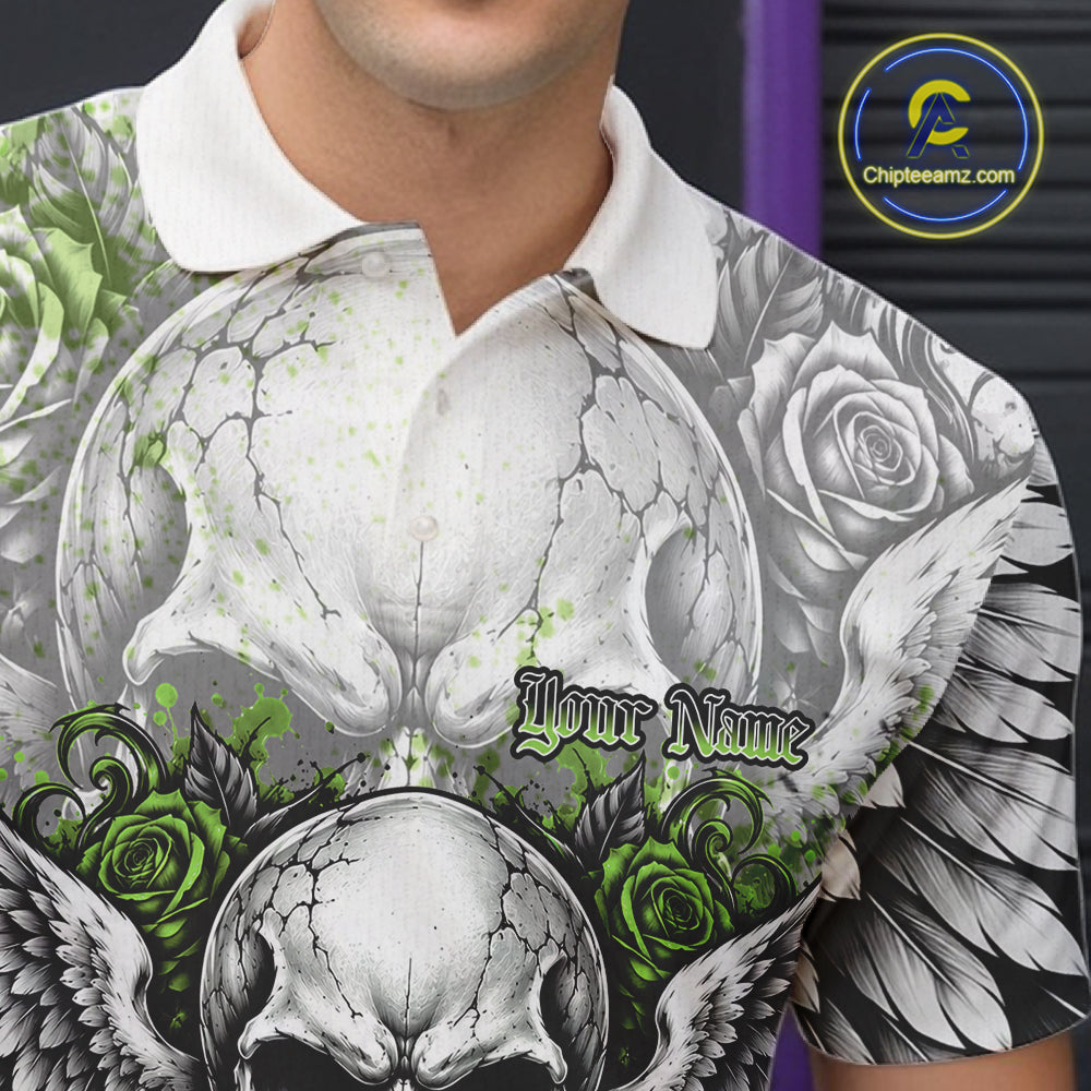 Green Roses And Skull With Wings Custom Bowling Men Polo Shirt, Halloween Bowler Outfit IPHW12154