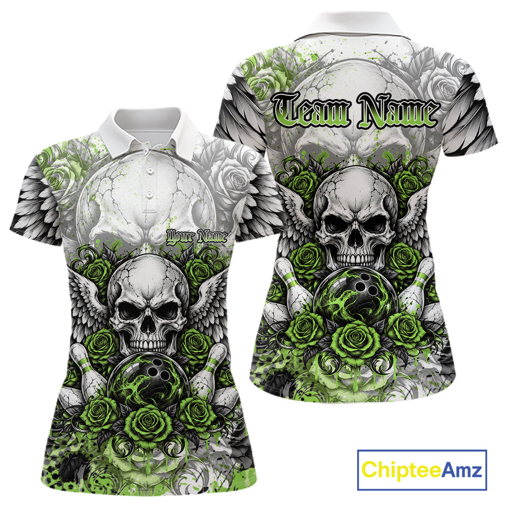 Green Roses And Skull With Wings Custom Bowling Women Polo Shirt, Halloween Bowler Outfit IPHW12154