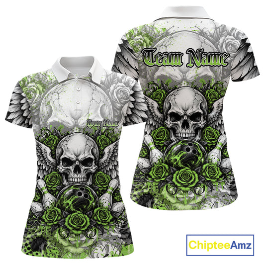 Green Roses And Skull With Wings Custom Bowling Women Polo Shirt, Halloween Bowler Outfit IPHW12154