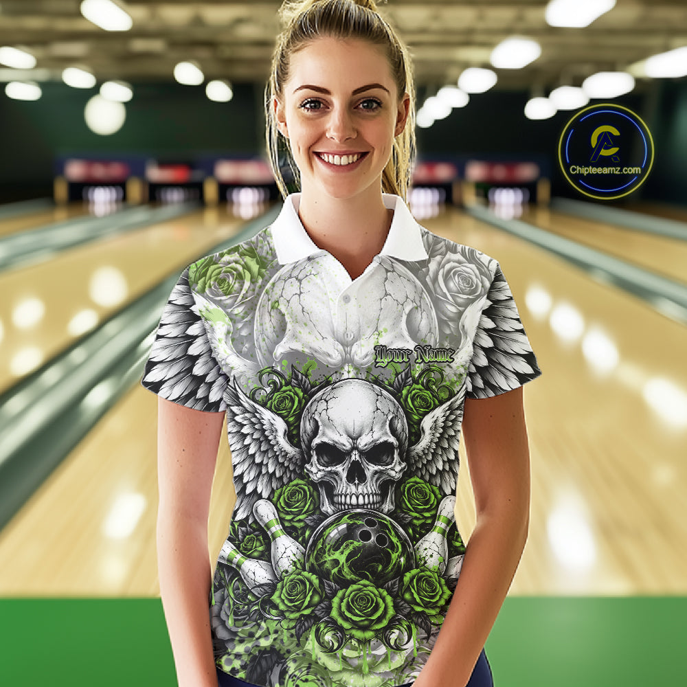 Green Roses And Skull With Wings Custom Bowling Women Polo Shirt, Halloween Bowler Outfit IPHW12154