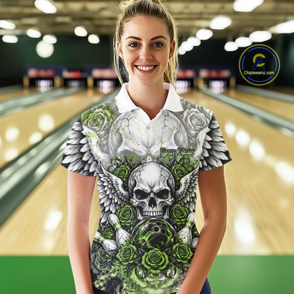 Green Roses And Skull With Wings Custom Bowling Women Polo Shirt, Halloween Bowler Outfit IPHW12154