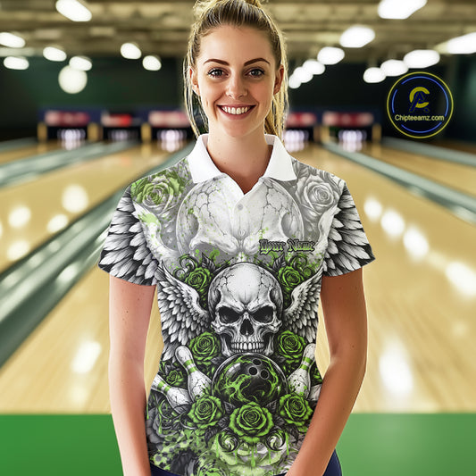 Green Roses And Skull With Wings Custom Bowling Women Polo Shirt, Halloween Bowler Outfit IPHW12154