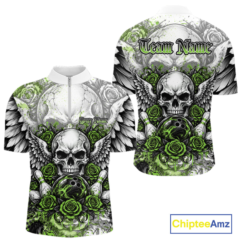 Green Roses And Skull With Wings Custom Bowling Men Quarter Zip Shirt, Halloween Bowler Outfit IPHW12154