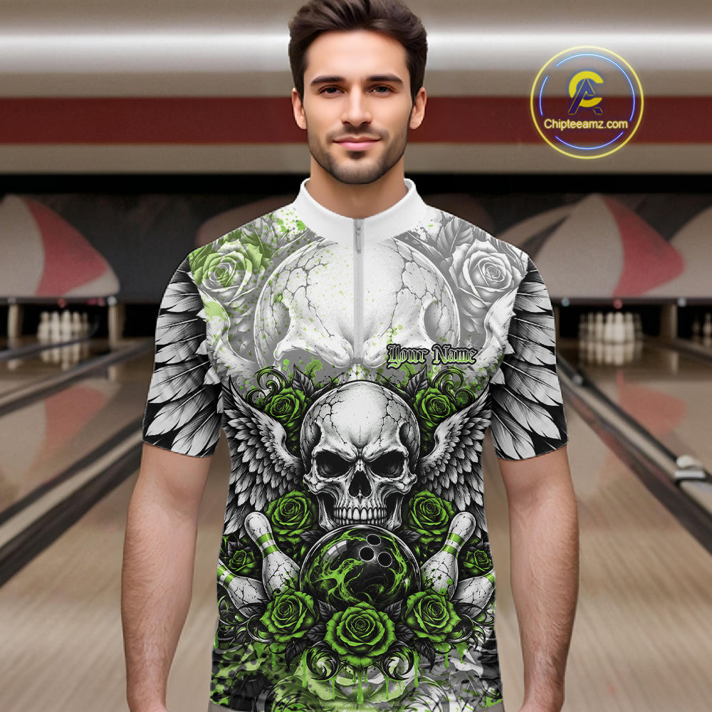 Green Roses And Skull With Wings Custom Bowling Men Quarter Zip Shirt, Halloween Bowler Outfit IPHW12154