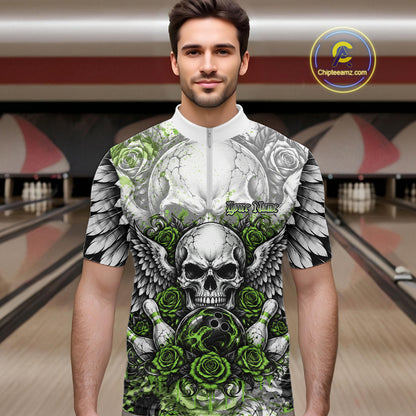 Green Roses And Skull With Wings Custom Bowling Men Quarter Zip Shirt, Halloween Bowler Outfit IPHW12154
