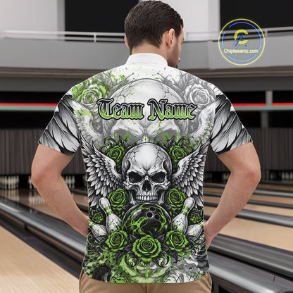 Green Roses And Skull With Wings Custom Bowling Men Quarter Zip Shirt, Halloween Bowler Outfit IPHW12154