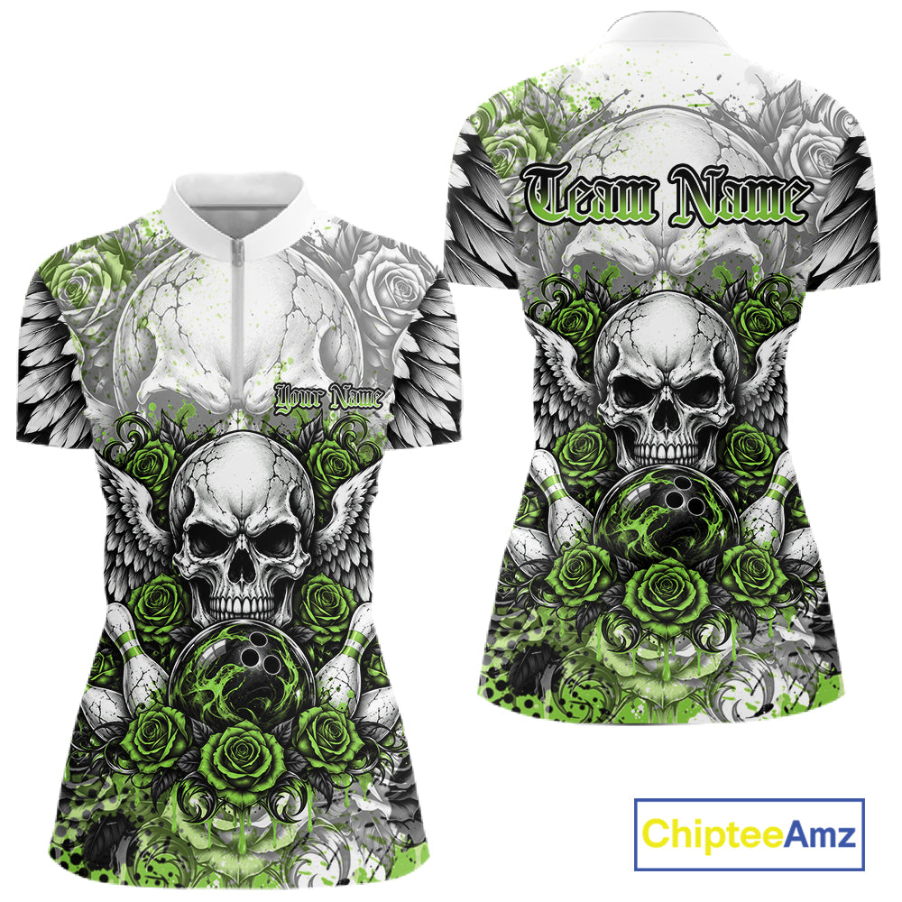 Green Roses And Skull With Wings Custom Bowling Women Shirt, Halloween Outfit IPHW12154