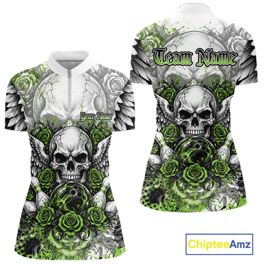 Green Roses And Skull With Wings Custom Bowling Women Shirt, Halloween Outfit IPHW12154