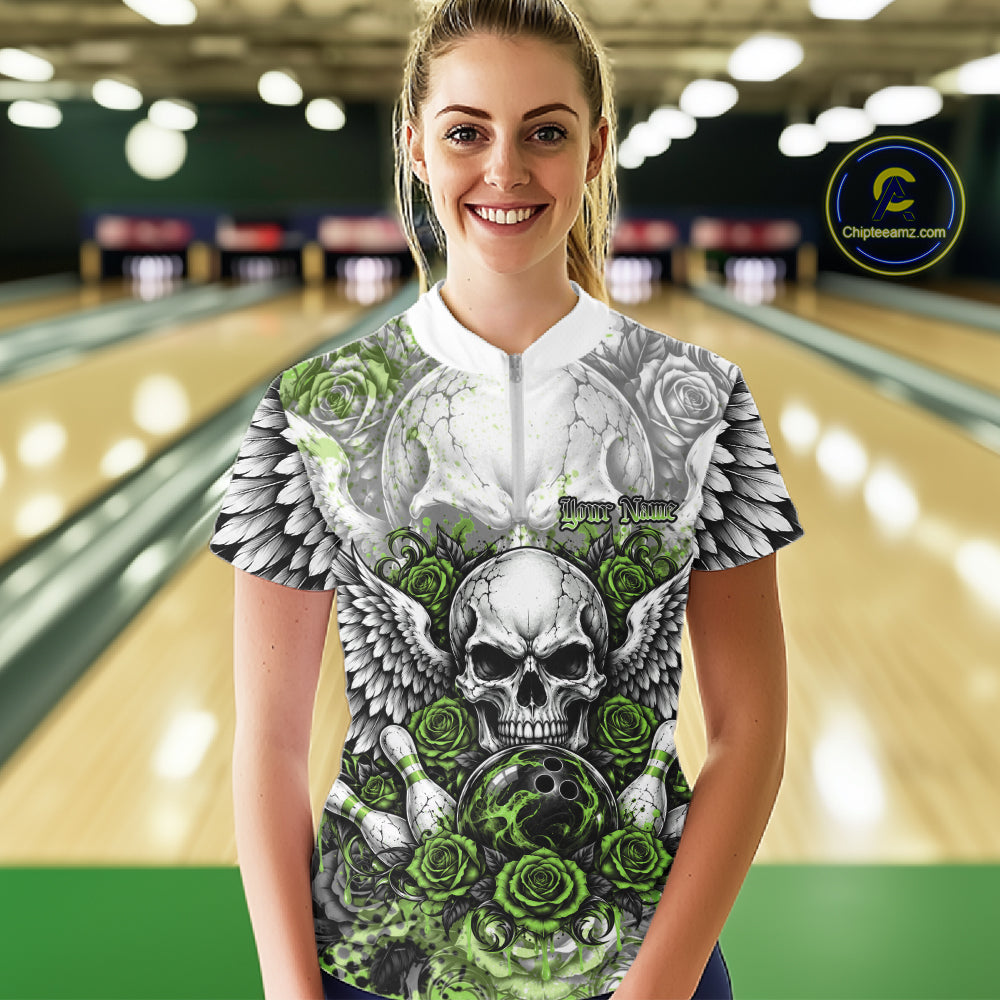 Green Roses And Skull With Wings Custom Bowling Women Shirt, Halloween Outfit IPHW12154