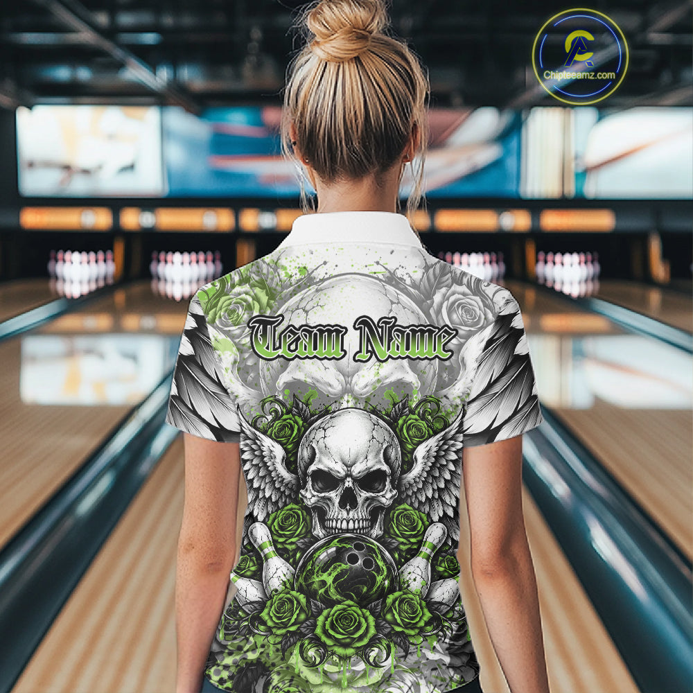 Green Roses And Skull With Wings Custom Bowling Women Shirt, Halloween Outfit IPHW12154