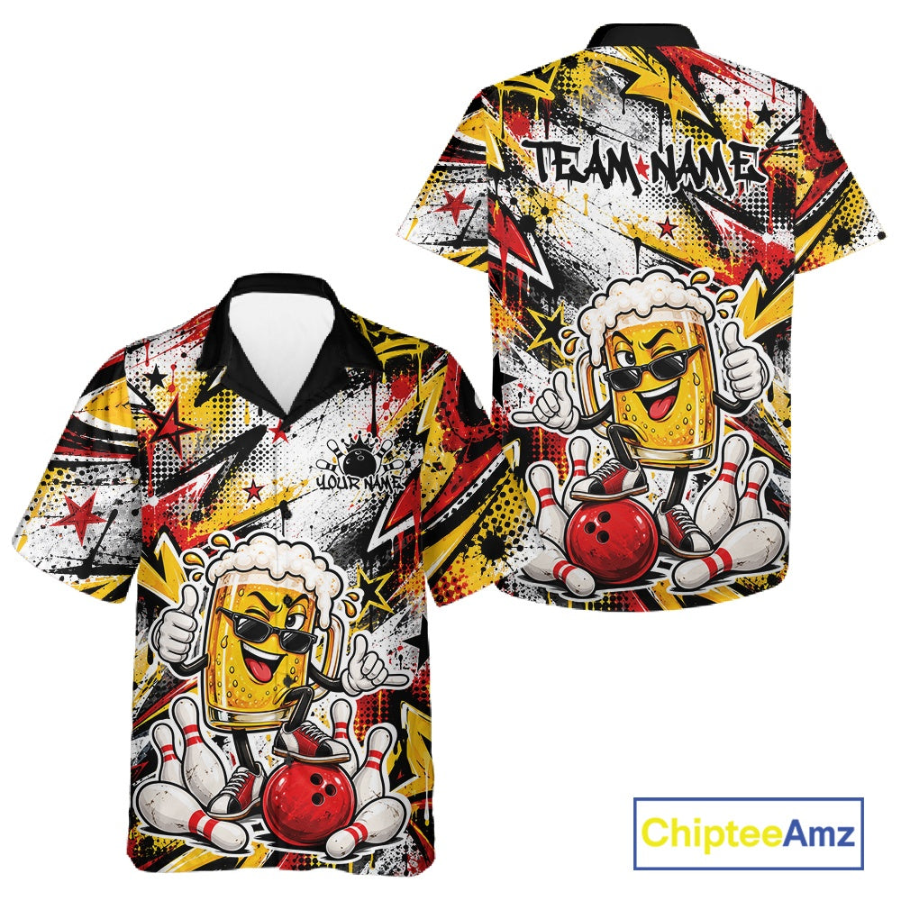Yellow And Red Graffity Theme Custom Funny Beer Bowling Men And Women Button Up Shirt, Team Jersey IPHW12164