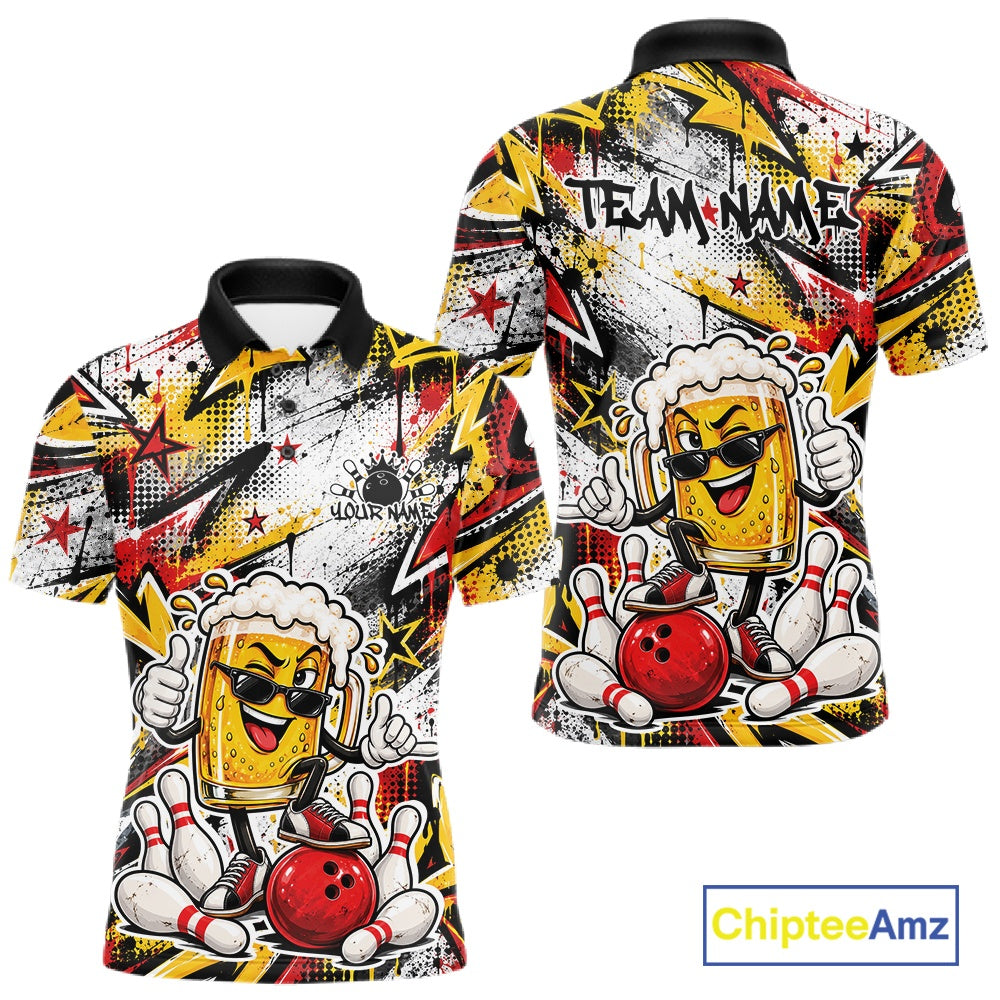 Yellow And Red Graffity Theme Custom Funny Beer Bowling Men Polo Shirt, Team Jersey IPHW12164