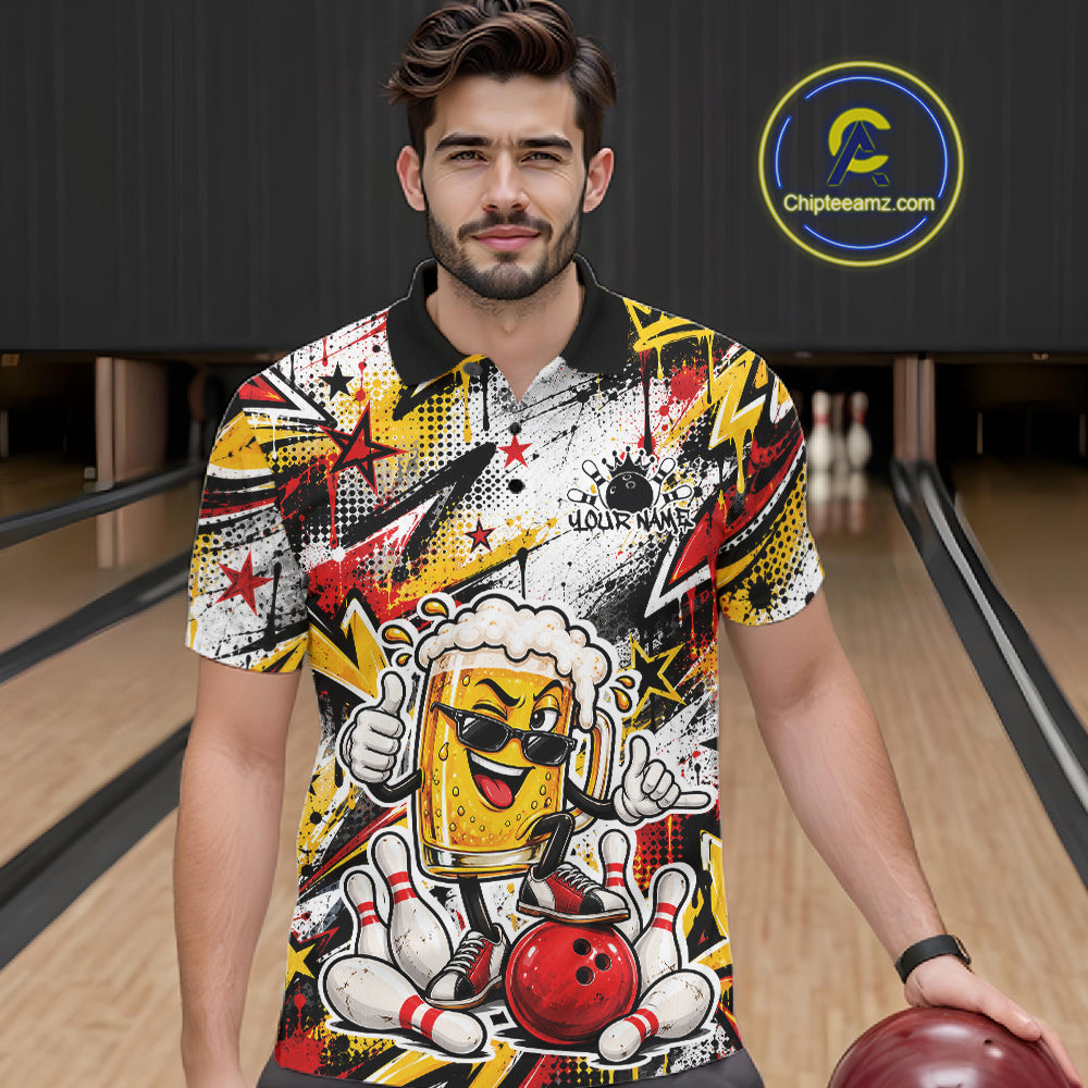 Yellow And Red Graffity Theme Custom Funny Beer Bowling Men Polo Shirt, Team Jersey IPHW12164