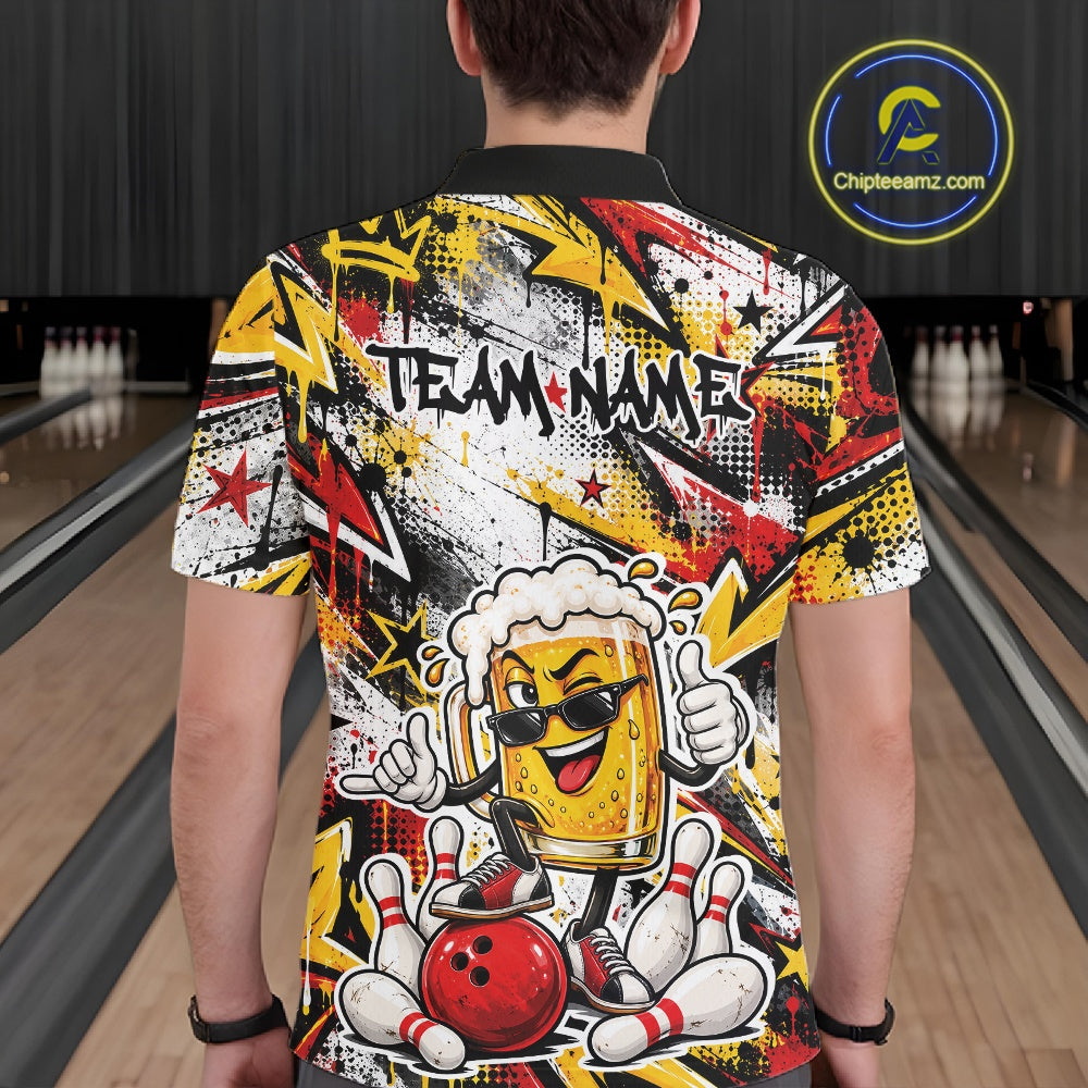 Yellow And Red Graffity Theme Custom Funny Beer Bowling Men Polo Shirt, Team Jersey IPHW12164