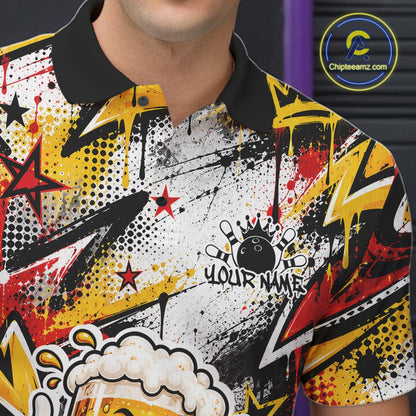 Yellow And Red Graffity Theme Custom Funny Beer Bowling Men Polo Shirt, Team Jersey IPHW12164