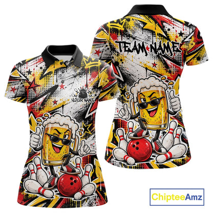 Yellow And Red Graffity Theme Custom Funny Beer Bowling Women Polo Shirt, Team Jersey IPHW12164