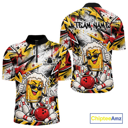 Yellow And Red Graffity Theme Custom Funny Beer Bowling Men Quarter Zip Shirt, Team Jersey IPHW12164