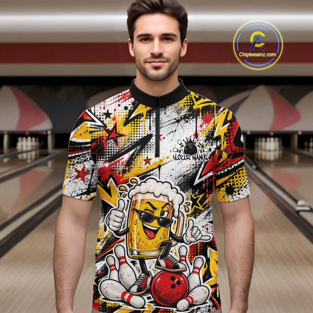 Yellow And Red Graffity Theme Custom Funny Beer Bowling Men Quarter Zip Shirt, Team Jersey IPHW12164