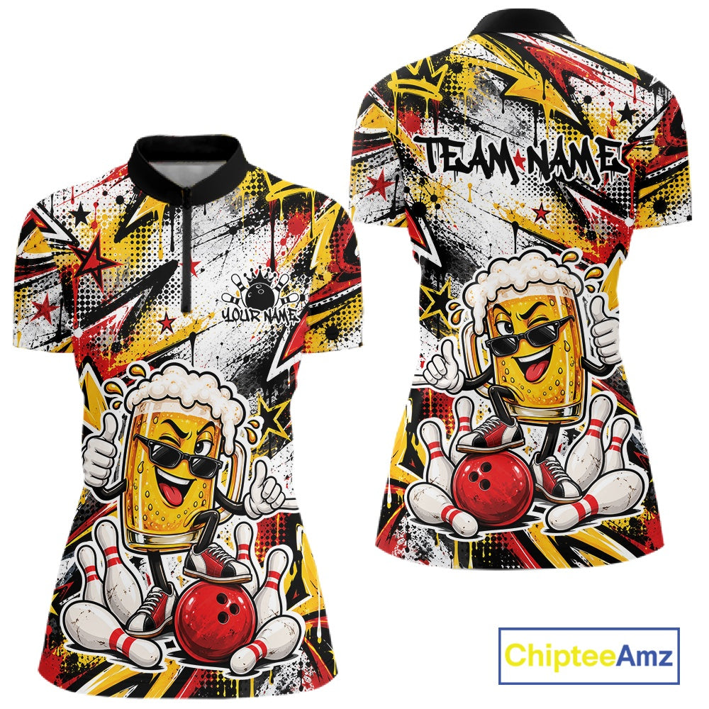 Yellow And Red Graffity Custom Funny Beer Bowling Women Quarter-Zip Shirt, Team Jersey IPHW12164