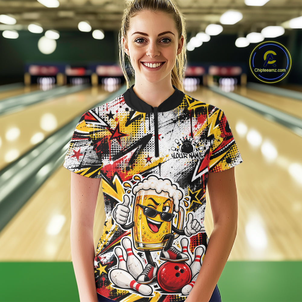 Yellow And Red Graffity Custom Funny Beer Bowling Women Quarter-Zip Shirt, Team Jersey IPHW12164