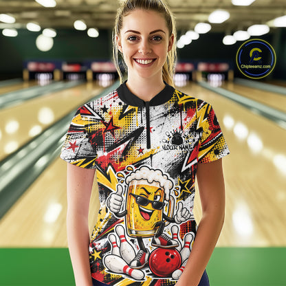 Yellow And Red Graffity Custom Funny Beer Bowling Women Quarter-Zip Shirt, Team Jersey IPHW12164
