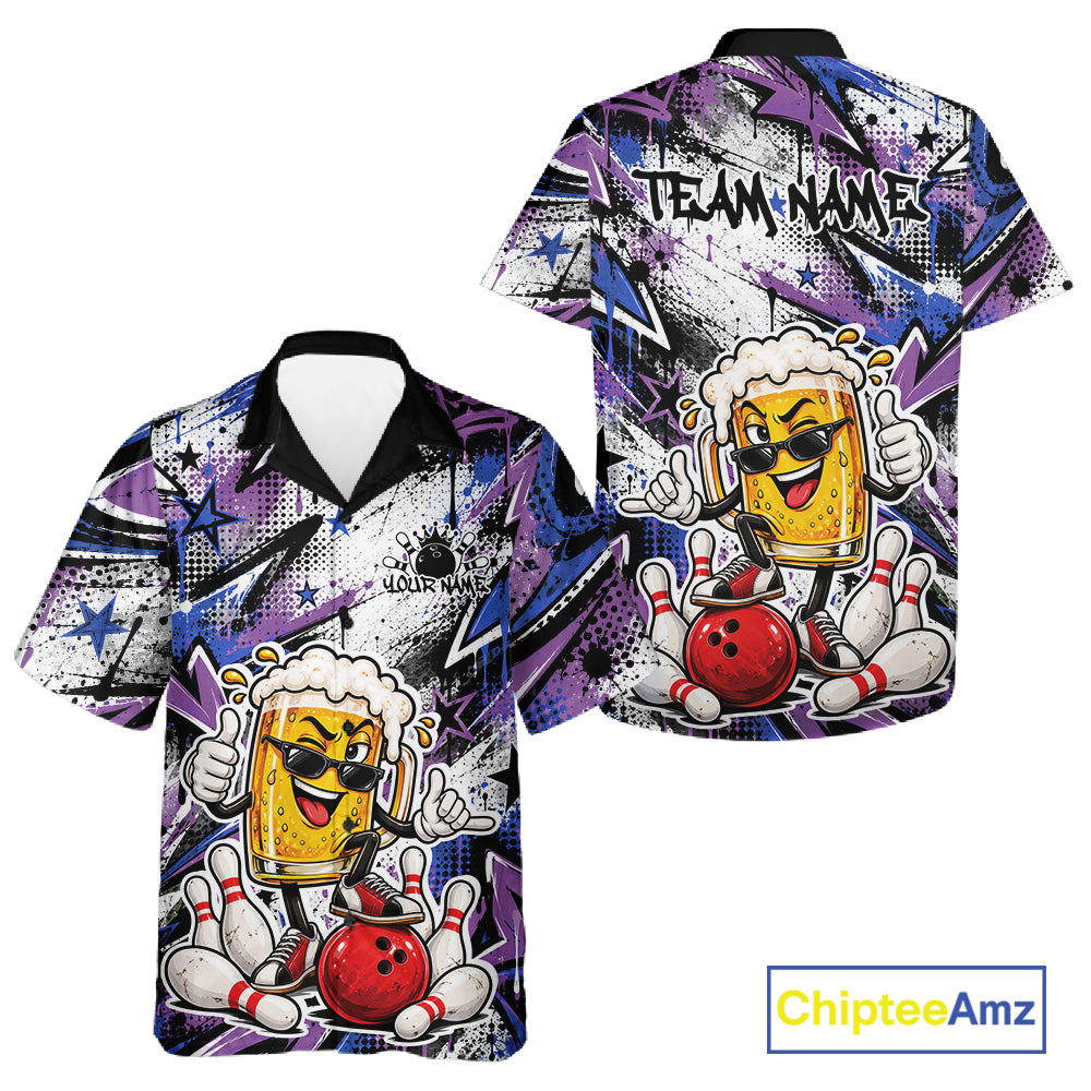 Blue And Purple Graffity Theme Custom Funny Beer Bowling Men And Women Button Up Shirt, Team Jersey IPHW12165