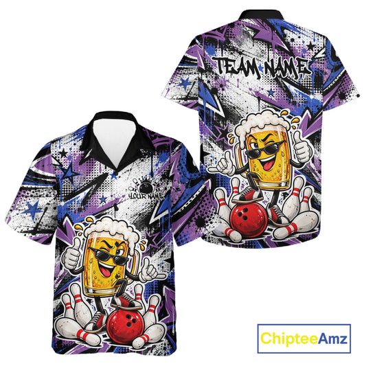 Blue And Purple Graffiti Theme Custom Funny Beer Bowling Men And Women Button Up Shirt, Team Jersey IPHW12165