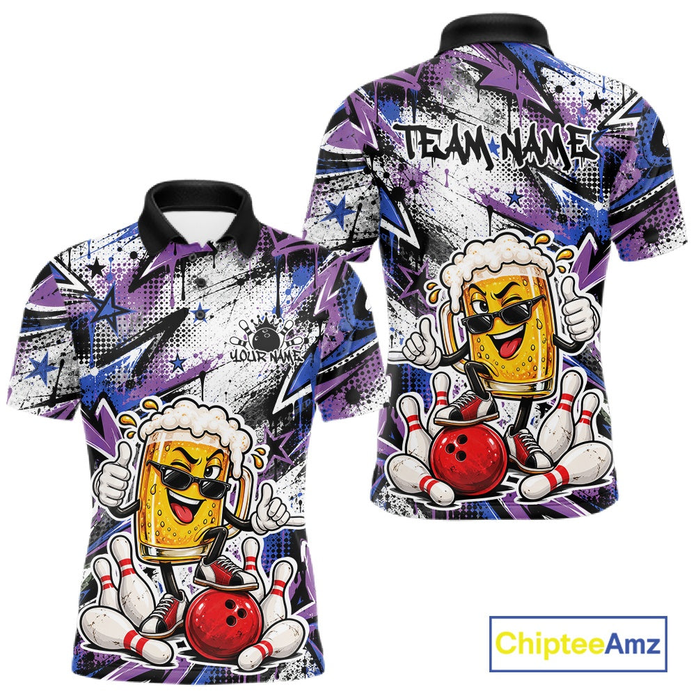 Blue And Purple Graffity Theme Custom Funny Beer Bowling Men Polo Shirt, Team Jersey IPHW12165