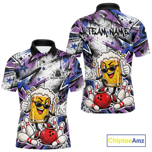 Blue And Purple Graffiti Theme Custom Funny Beer Bowling Men Polo Shirt, Team Jersey IPHW12165