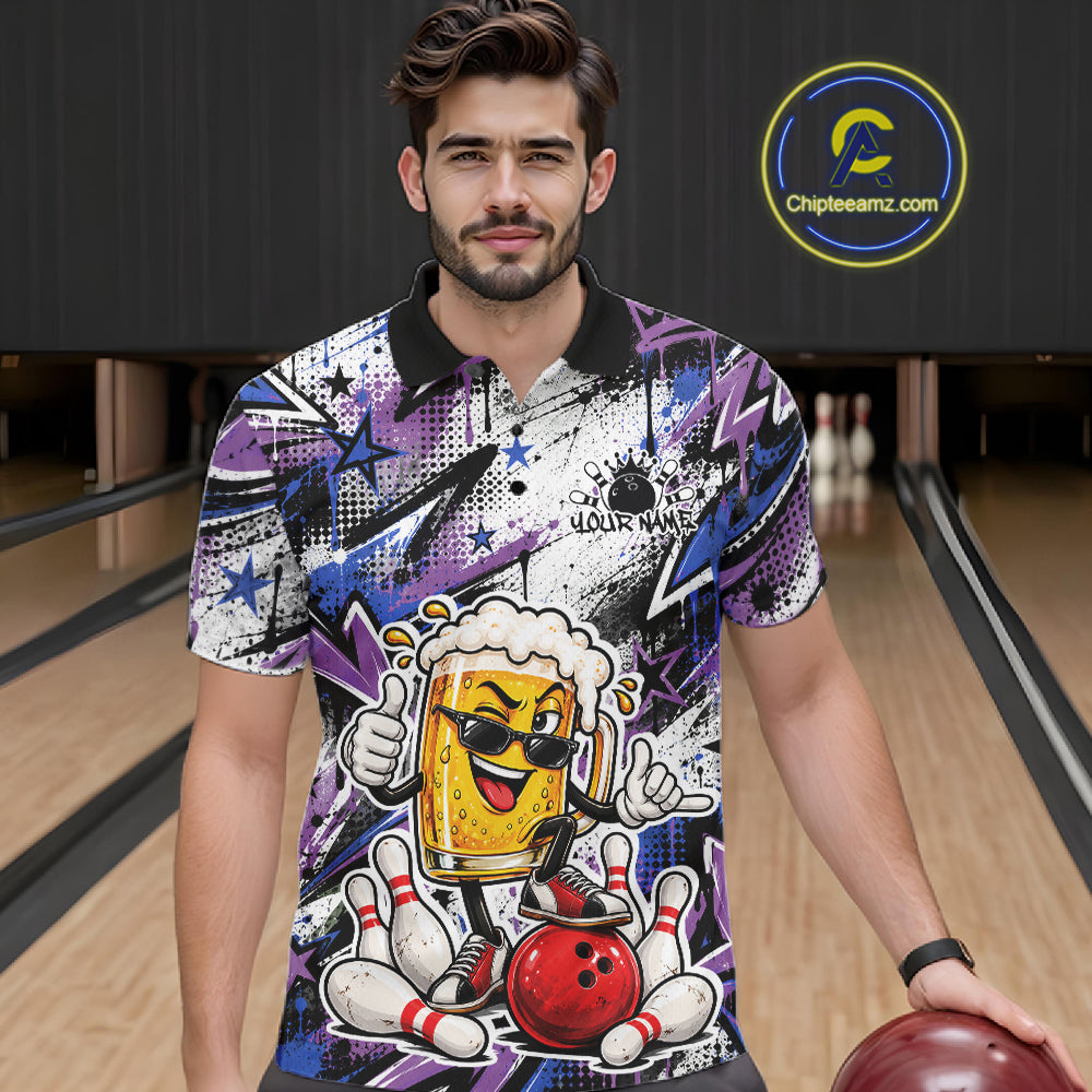 Blue And Purple Graffity Theme Custom Funny Beer Bowling Men Polo Shirt, Team Jersey IPHW12165