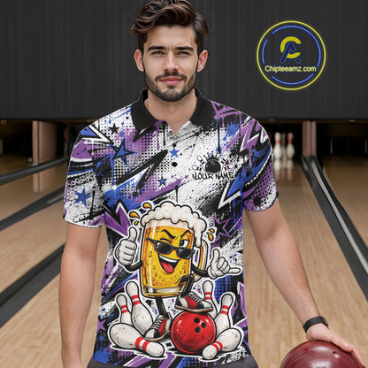 Blue And Purple Graffity Theme Custom Funny Beer Bowling Men Polo Shirt, Team Jersey IPHW12165