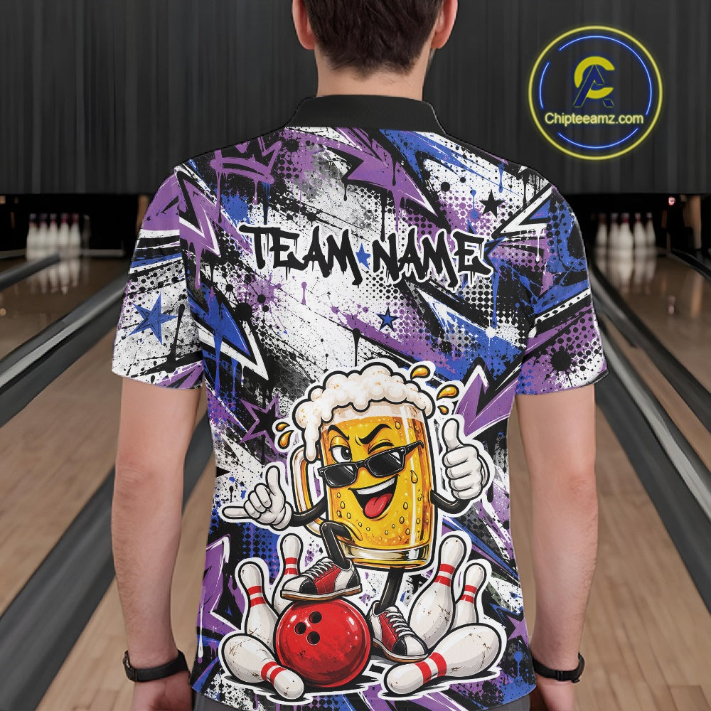 Blue And Purple Graffity Theme Custom Funny Beer Bowling Men Polo Shirt, Team Jersey IPHW12165