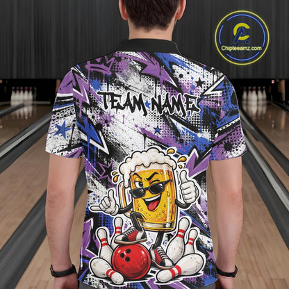 Blue And Purple Graffity Theme Custom Funny Beer Bowling Men Polo Shirt, Team Jersey IPHW12165
