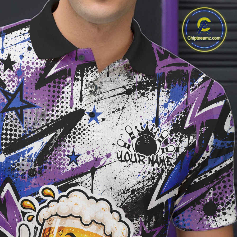 Blue And Purple Graffity Theme Custom Funny Beer Bowling Men Polo Shirt, Team Jersey IPHW12165