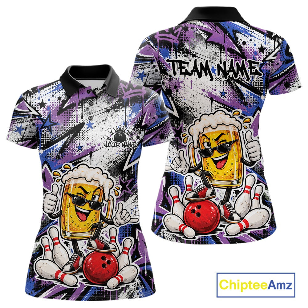Blue And Purple Graffity Theme Custom Funny Beer Bowling Women Polo Shirt, Team Jersey IPHW12165