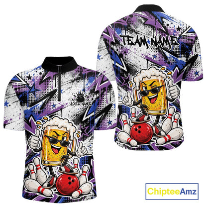 Blue And Purple Graffity Theme Custom Funny Beer Bowling Men Quarter Zip Shirt, Team Jersey IPHW12165
