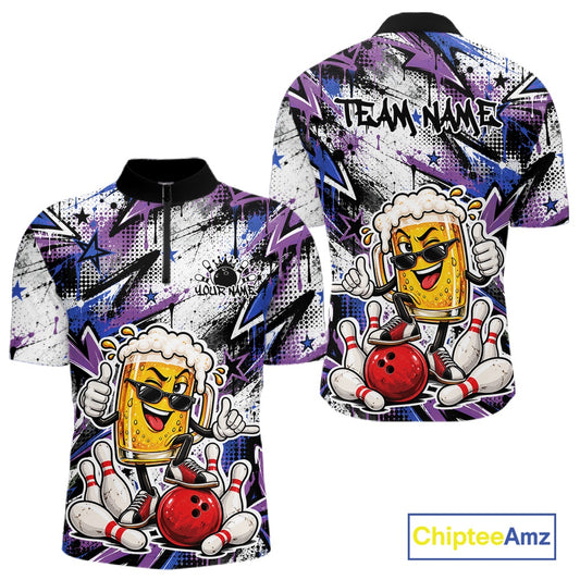 Blue And Purple Graffiti Theme Custom Funny Beer Bowling Men Quarter Zip Shirt, Team Jersey IPHW12165