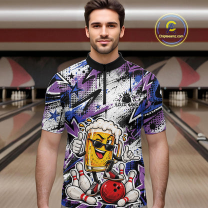 Blue And Purple Graffity Theme Custom Funny Beer Bowling Men Quarter Zip Shirt, Team Jersey IPHW12165