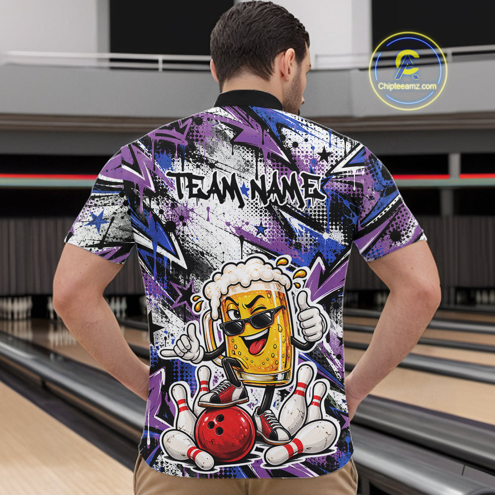 Blue And Purple Graffity Theme Custom Funny Beer Bowling Men Quarter Zip Shirt, Team Jersey IPHW12165