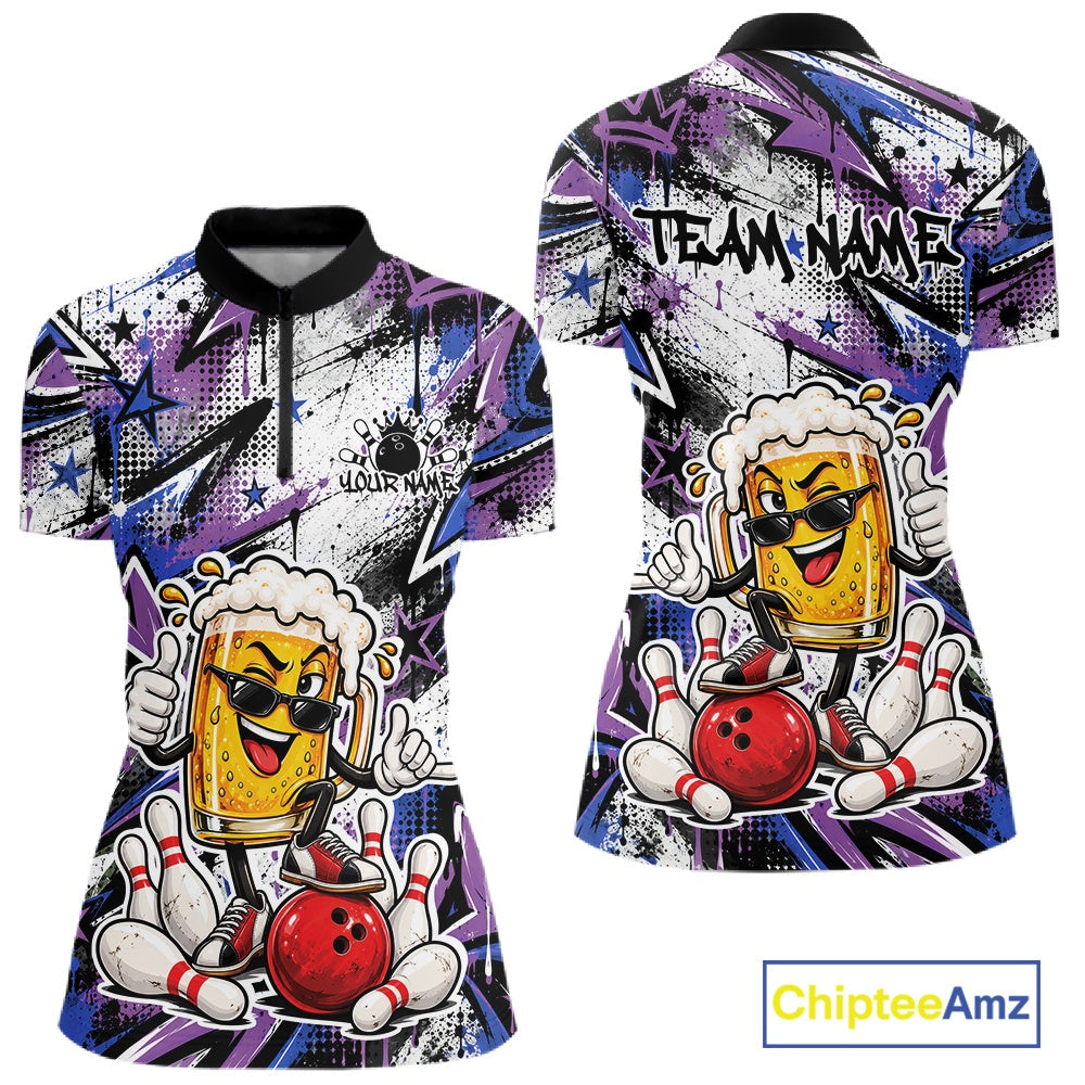 Blue And Purple Graffity Custom Funny Beer Bowling Women Quarter-Zip Shirt, Team Jersey IPHW12165