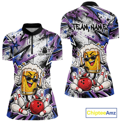 Blue And Purple Graffity Custom Funny Beer Bowling Women Quarter-Zip Shirt, Team Jersey IPHW12165