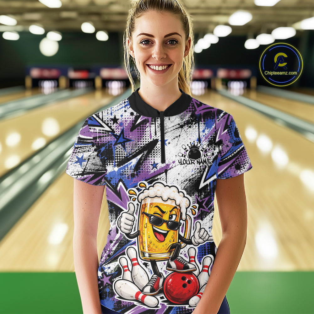 Blue And Purple Graffity Custom Funny Beer Bowling Women Quarter-Zip Shirt, Team Jersey IPHW12165
