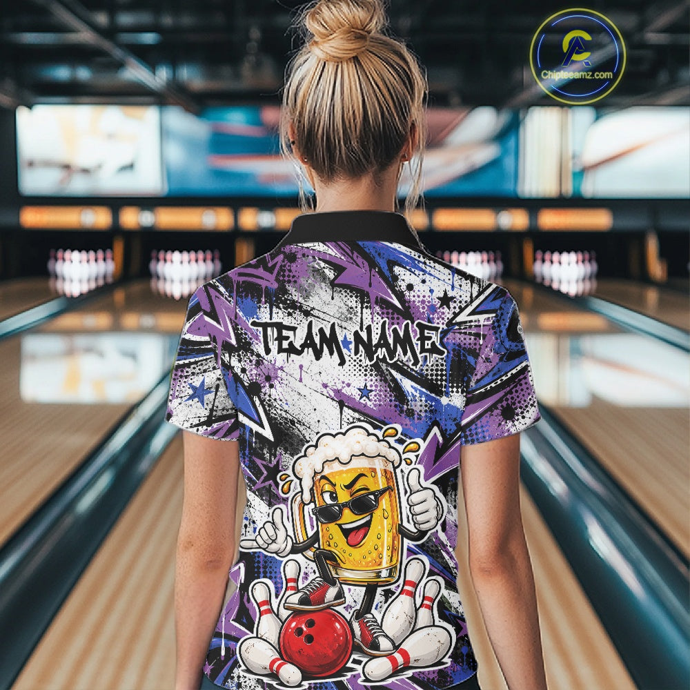 Blue And Purple Graffity Custom Funny Beer Bowling Women Quarter-Zip Shirt, Team Jersey IPHW12165