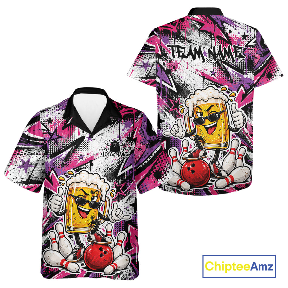 Pink And Purple Graffity Theme Custom Funny Beer Bowling Men And Women Button Up Shirt, Team Jersey IPHW12166