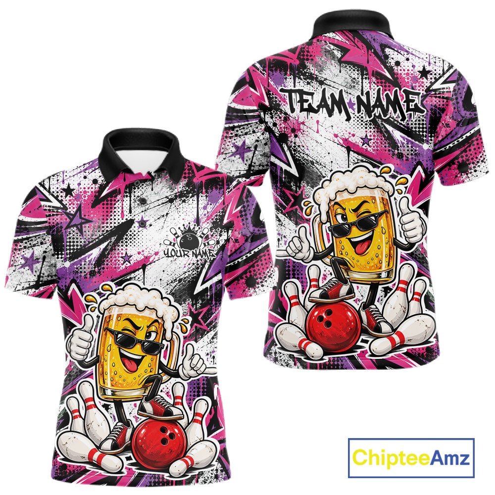 Pink And Purple Graffity Theme Custom Funny Beer Bowling Men Polo Shirt, Team Jersey IPHW12166