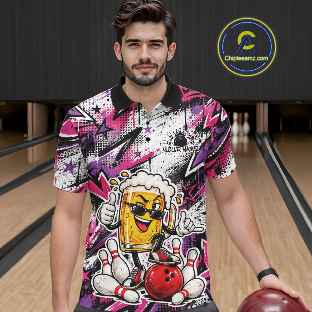 Pink And Purple Graffity Theme Custom Funny Beer Bowling Men Polo Shirt, Team Jersey IPHW12166