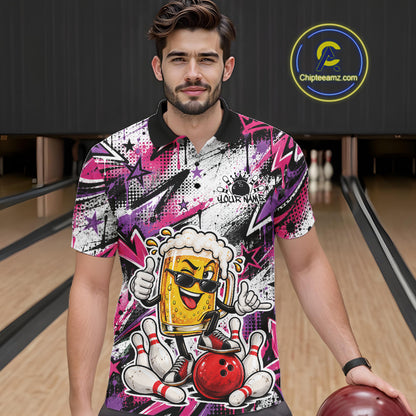 Pink And Purple Graffity Theme Custom Funny Beer Bowling Men Polo Shirt, Team Jersey IPHW12166