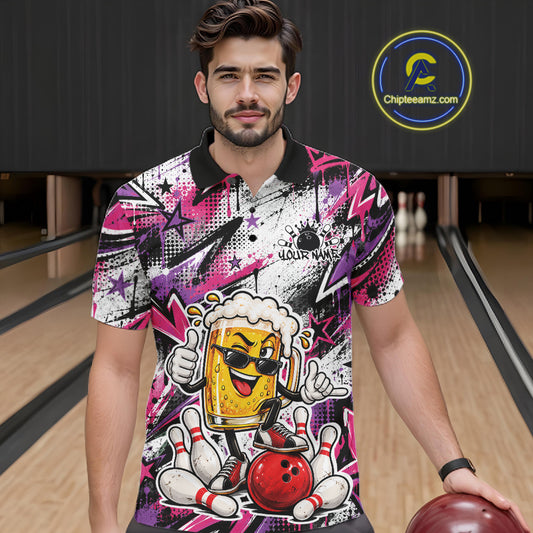 Pink And Purple Graffiti Theme Custom Funny Beer Bowling Men Polo Shirt, Team Jersey IPHW12166