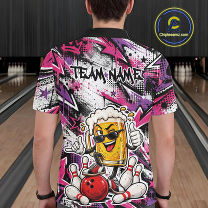 Pink And Purple Graffity Theme Custom Funny Beer Bowling Men Polo Shirt, Team Jersey IPHW12166